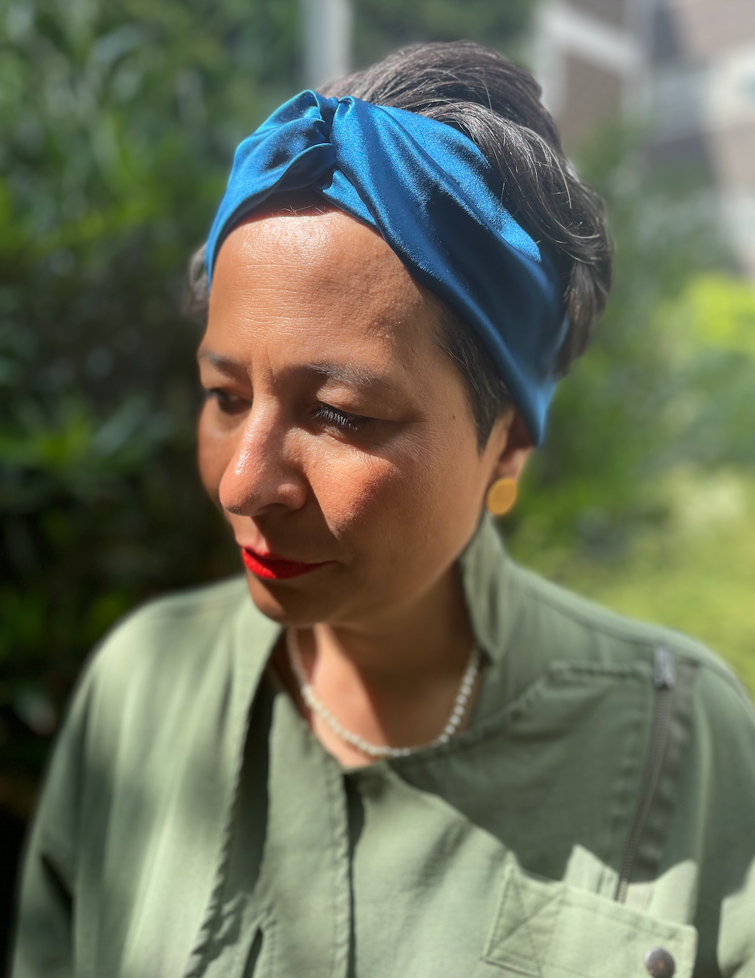 Silk Twisted Turban hairband and neck scarf in Peacock Blue Mulberry Silk - 100% pure silk satin