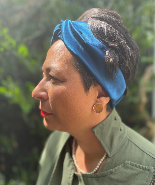 Silk Twisted Turban hairband and neck scarf in Peacock Blue Mulberry Silk - 100% pure silk satin
