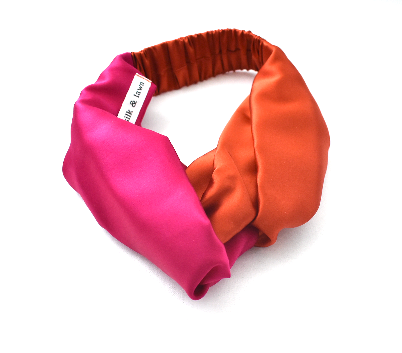 Pure Silk Burnt Orange and Fuchsia Pink Split Twisted Turban hairband and neck scarf in Mulberry Silk - 100% Pure Silk-Satin