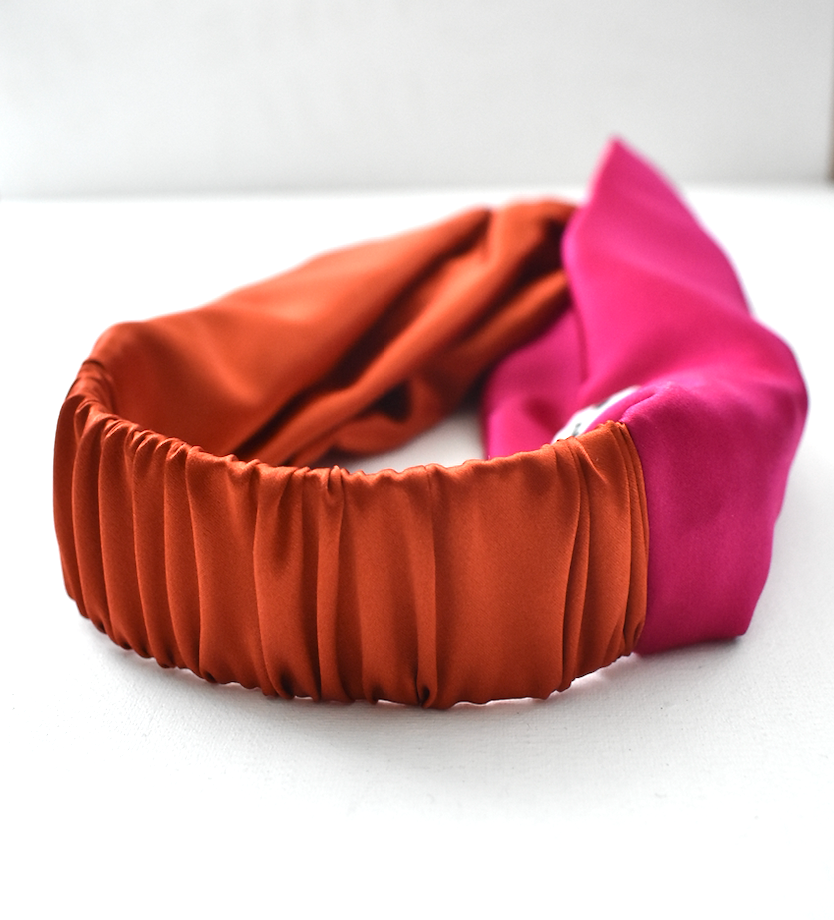 Pure Silk Burnt Orange and Fuchsia Pink Split Twisted Turban hairband and neck scarf in Mulberry Silk - 100% Pure Silk-Satin