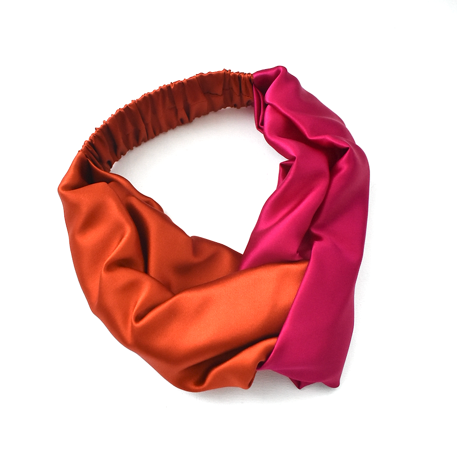 Pure Silk Burnt Orange and Fuchsia Pink Split Twisted Turban hairband and neck scarf in Mulberry Silk - 100% Pure Silk-Satin