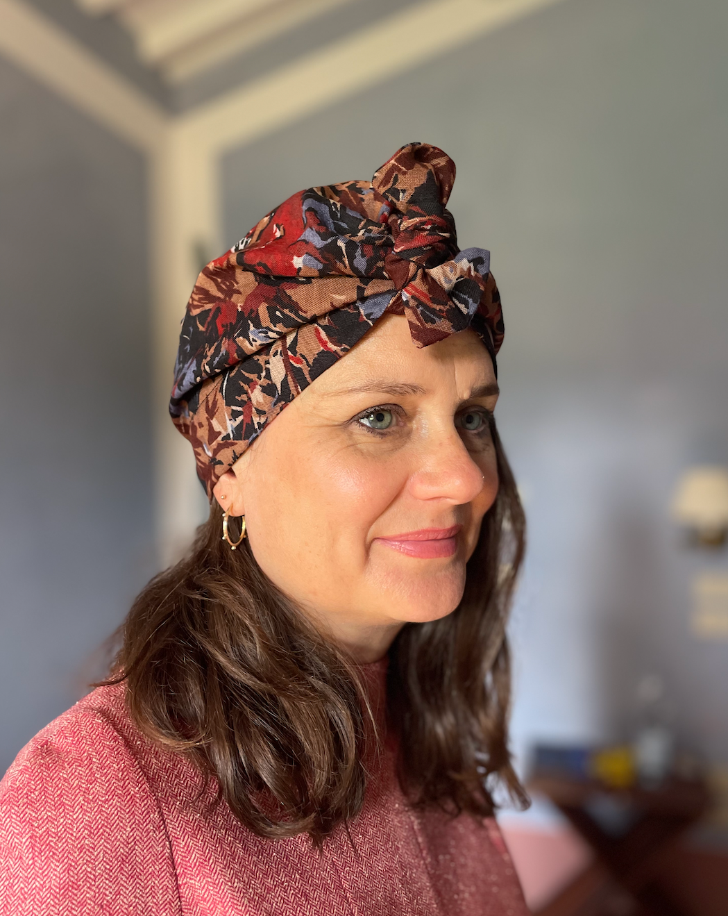 Ladies Turban Hat - Liberty of London Winter Blue Floral print vintage Varuna wool