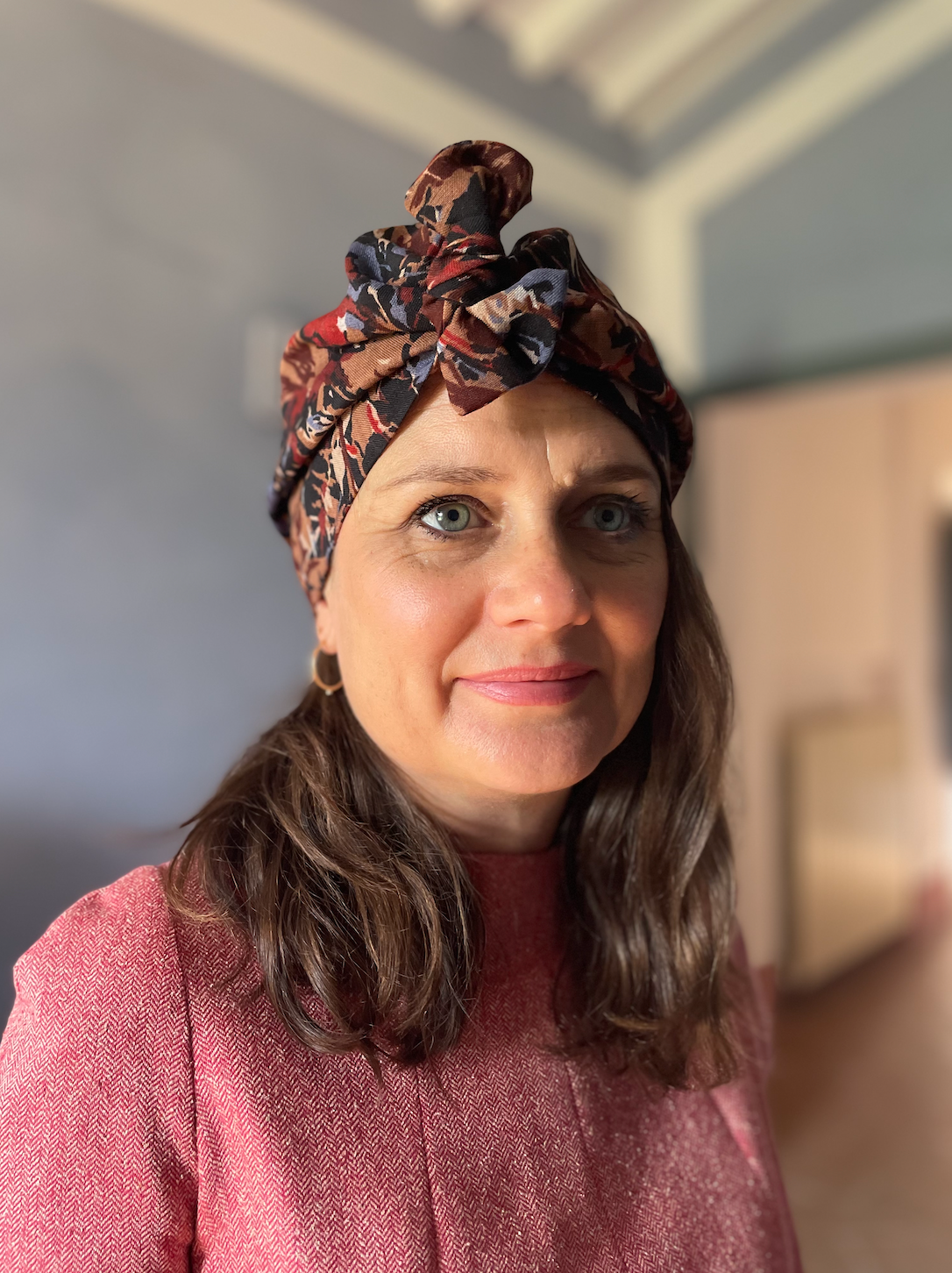 Ladies Turban Hat - Liberty of London Winter Blue Floral print vintage Varuna wool