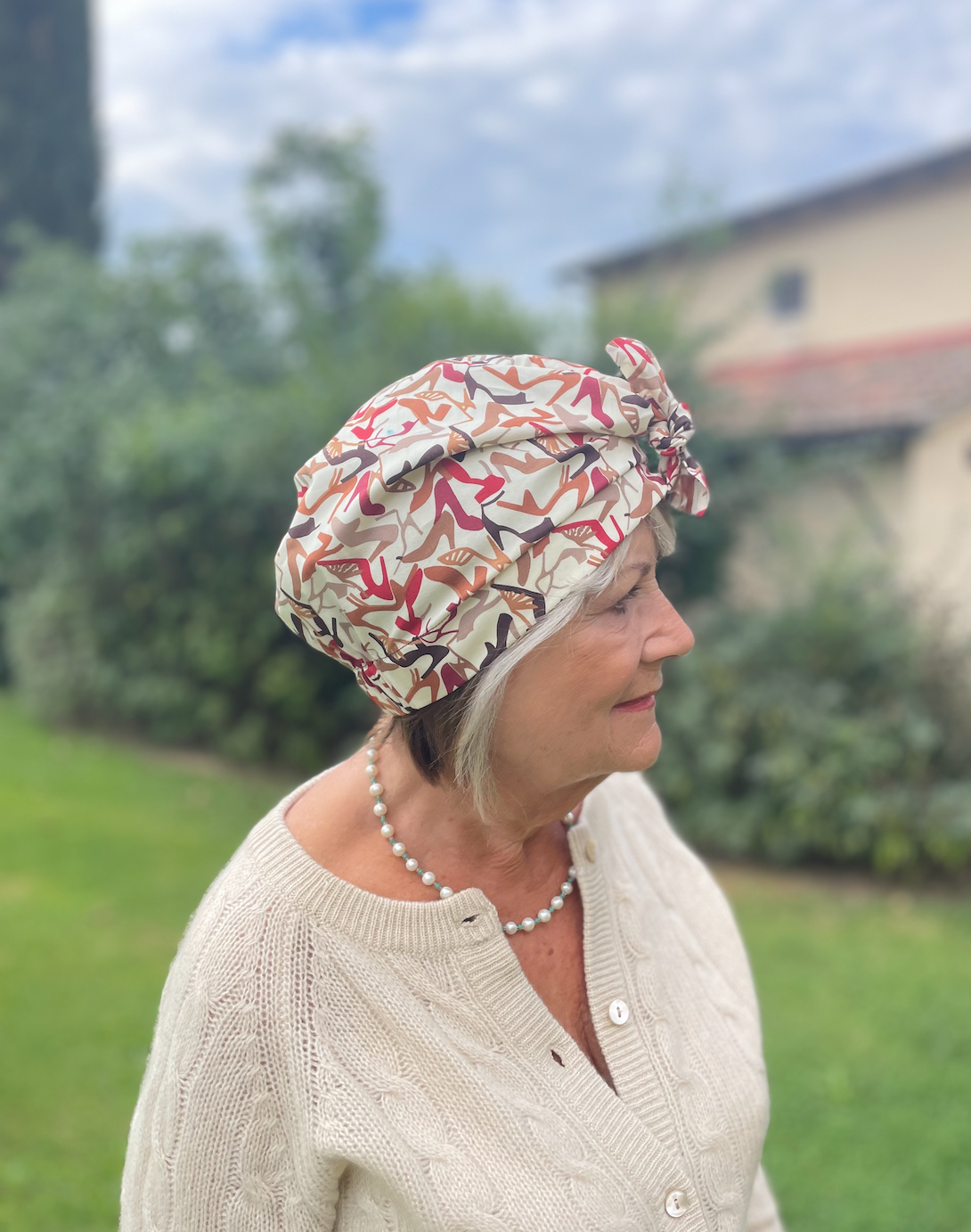 Ladies Turban Hat - Liberty of London Clara Cream Heels print