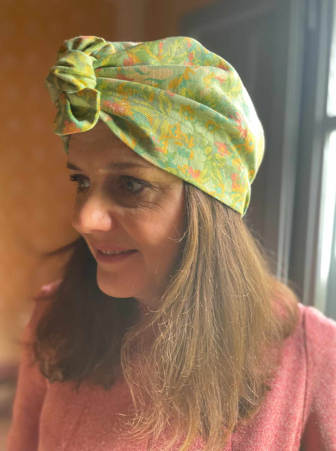 Ladies Turban Hat - Liberty of London Clydella Green Floral print in Vintage Lantana
