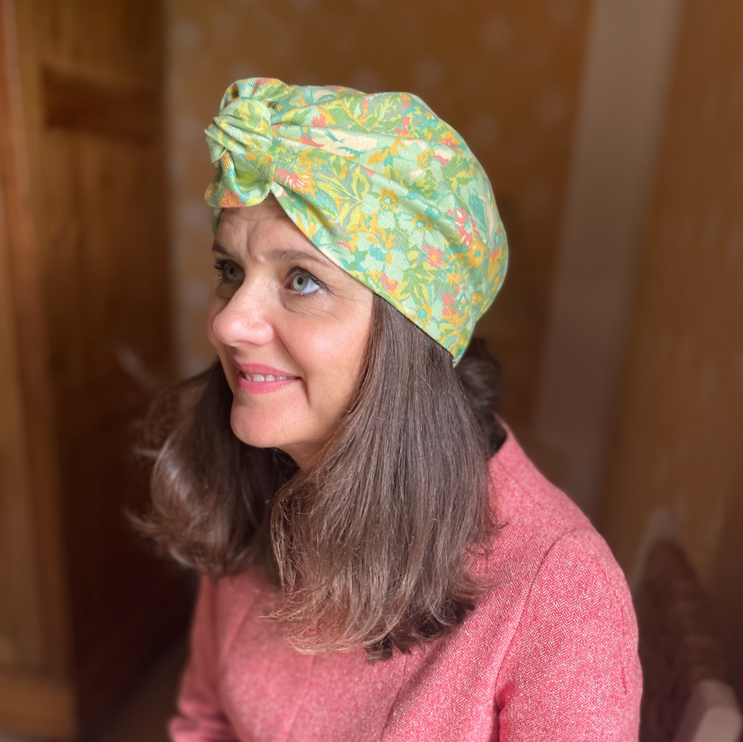 Ladies Turban Hat - Liberty of London Clydella Green Floral print in Vintage Lantana