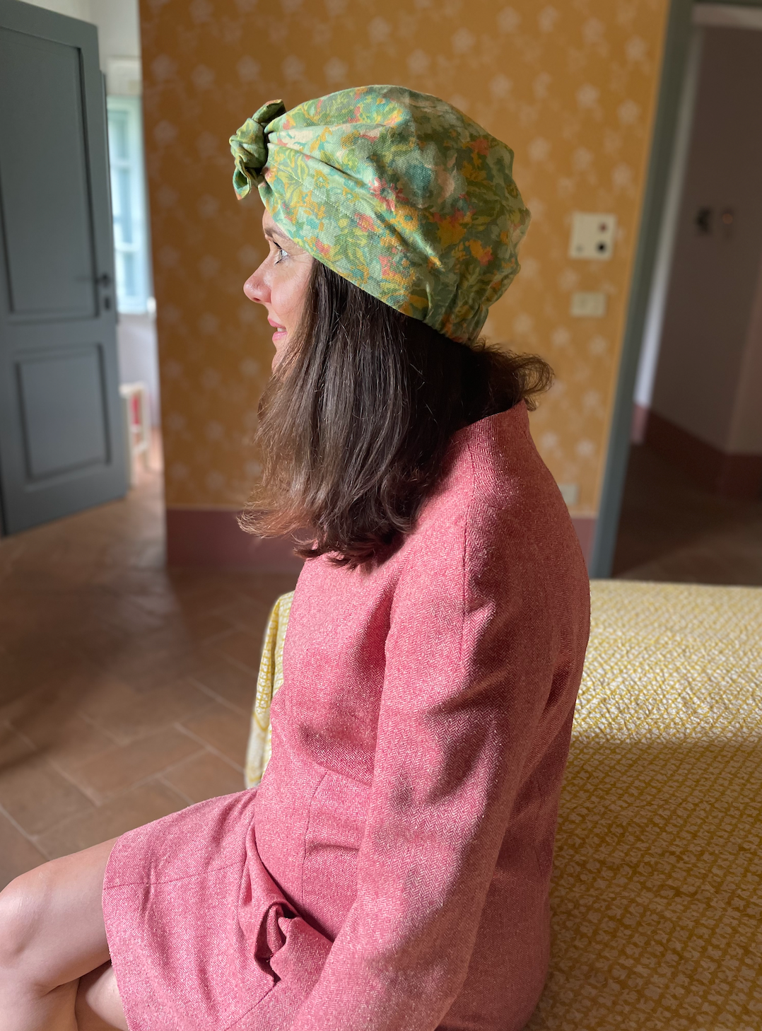 Ladies Turban Hat - Liberty of London Clydella Green Floral print in Vintage Lantana