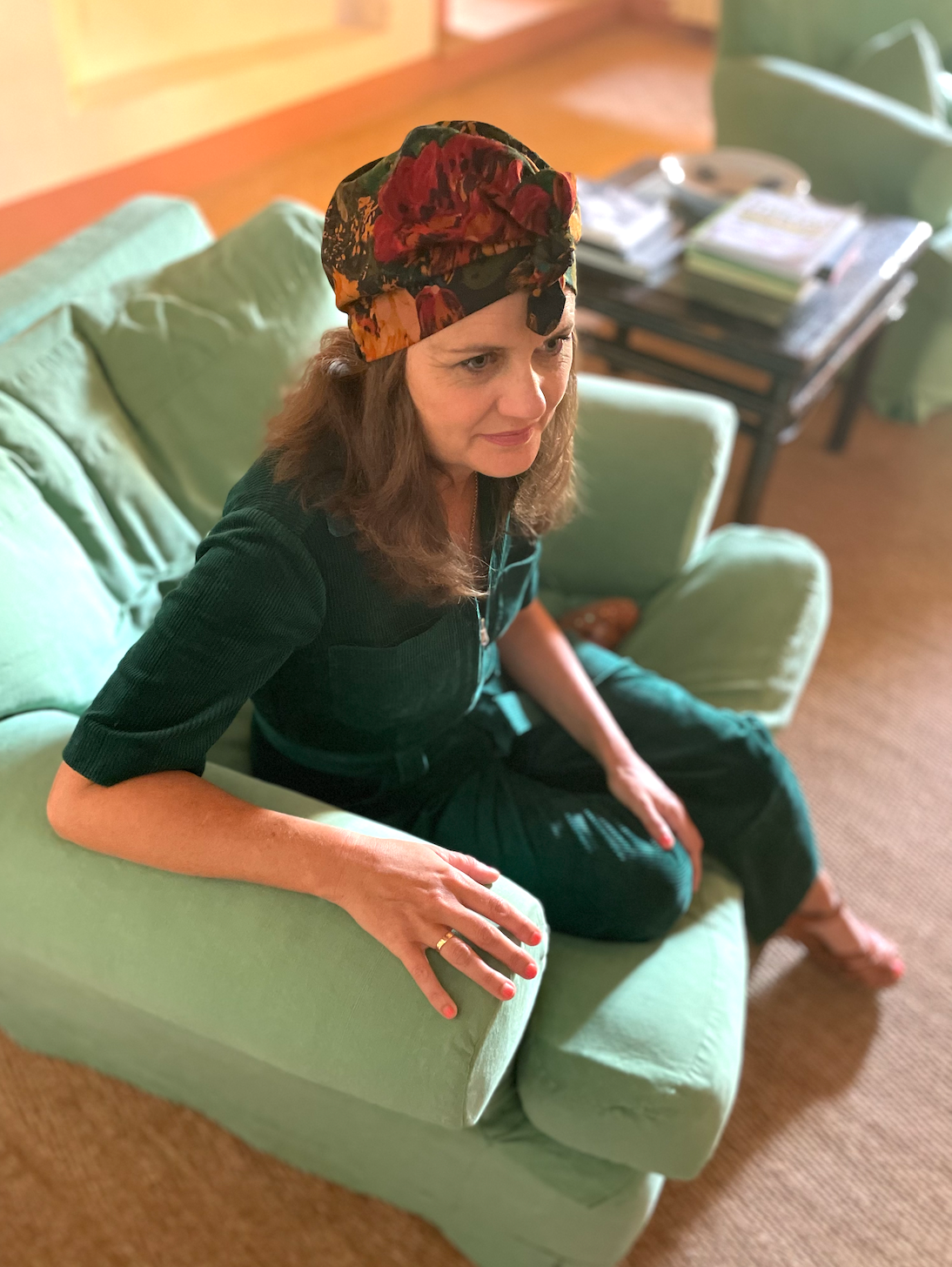 Ladies Turban Hat - Liberty of London Autumnal Rust Bloom print in Vintage Varuna wool