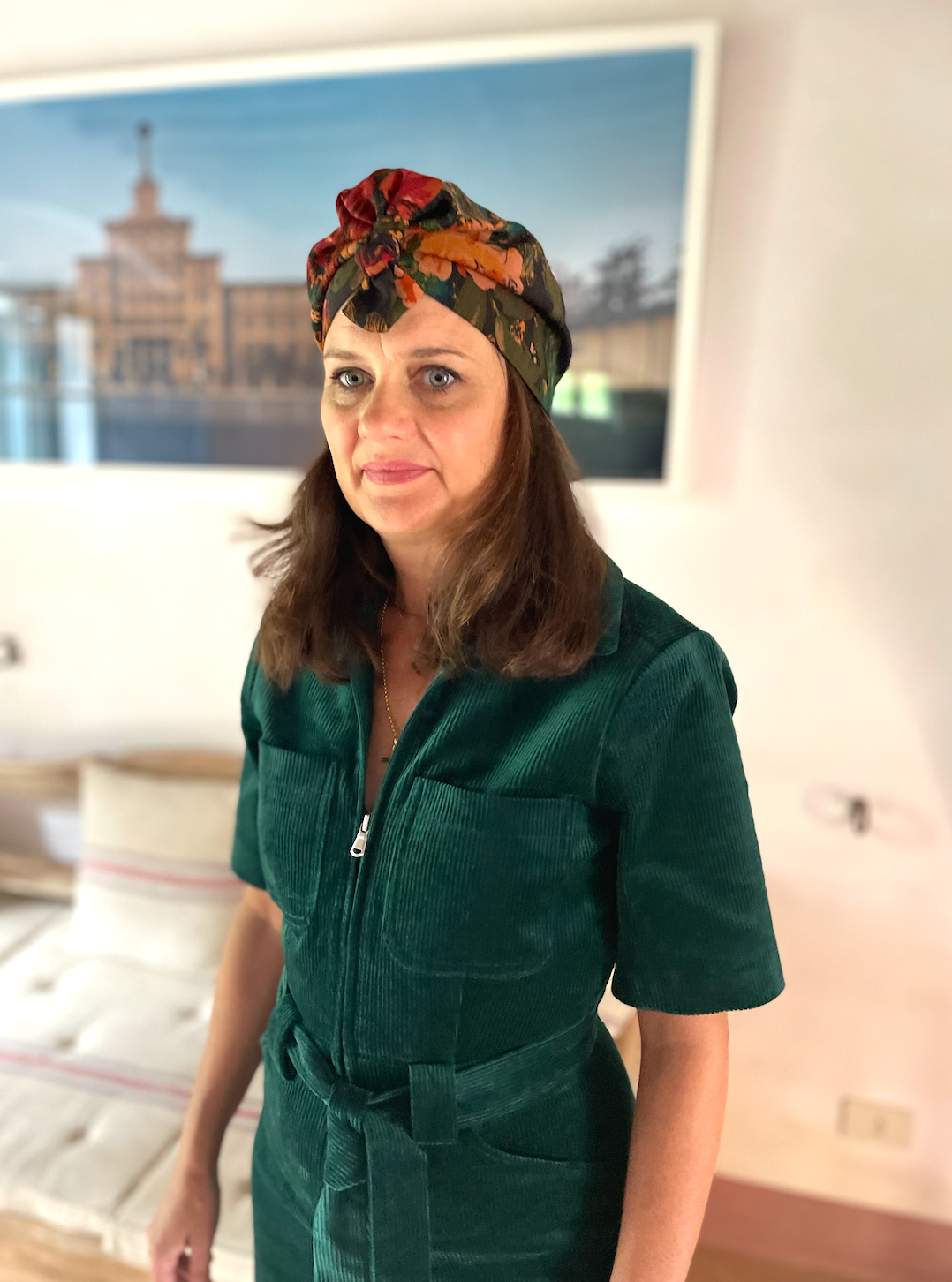 Ladies Turban Hat - Liberty of London Autumnal Rust Bloom print in Vintage Varuna wool