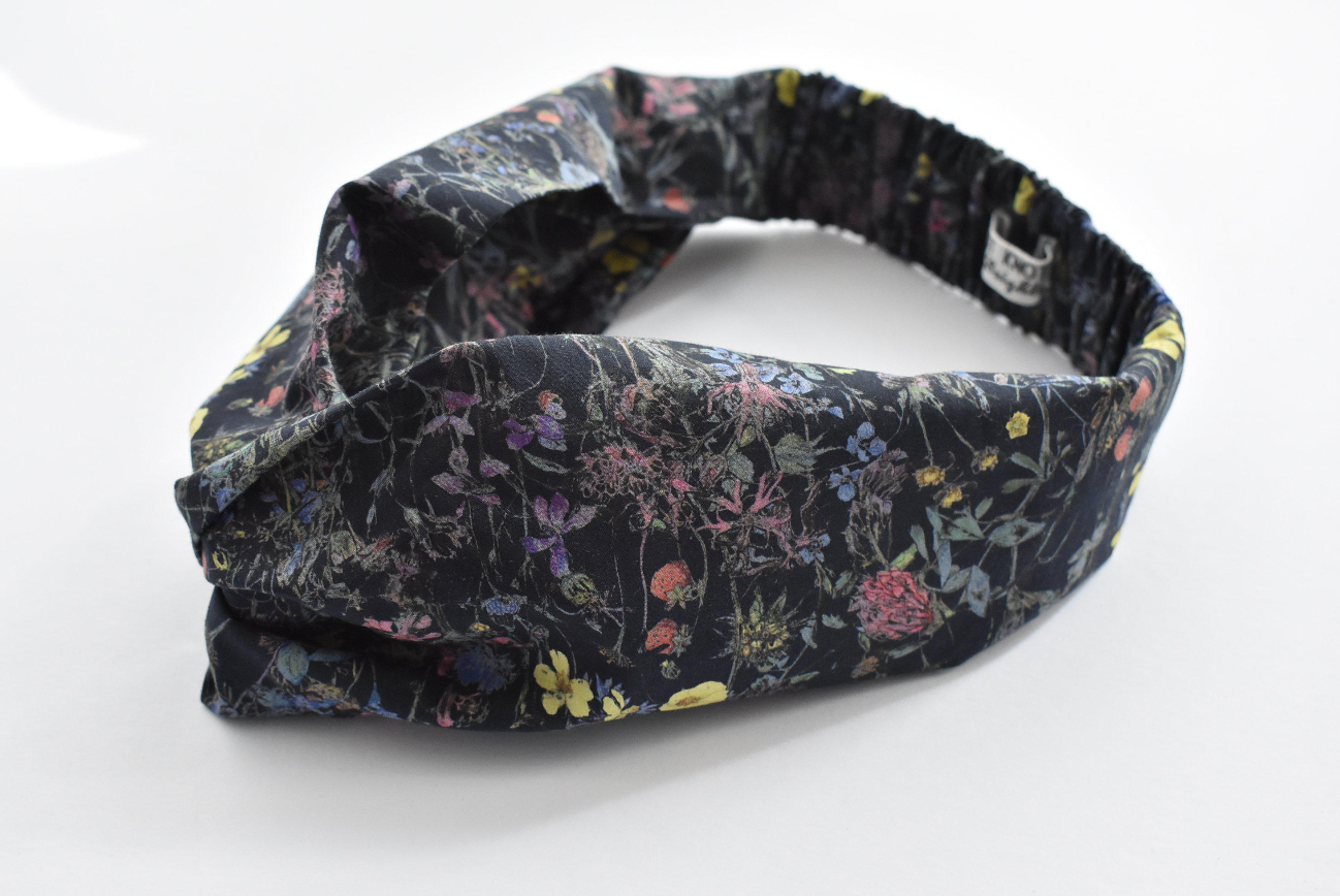 Ladies Twisted Turban Headband - Liberty of London Wild Flowers in Black