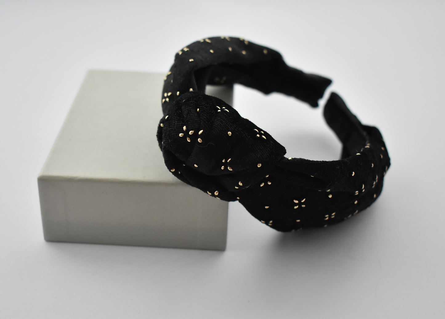 Classic Knot headband - Black Velvet studded with geometric gold metallic - Tot Knots of Brighton