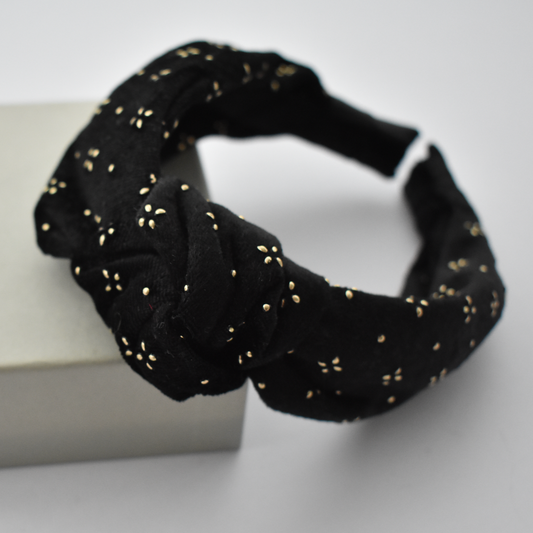 Classic Knot headband - Black Velvet studded with geometric gold metallic - Tot Knots of Brighton