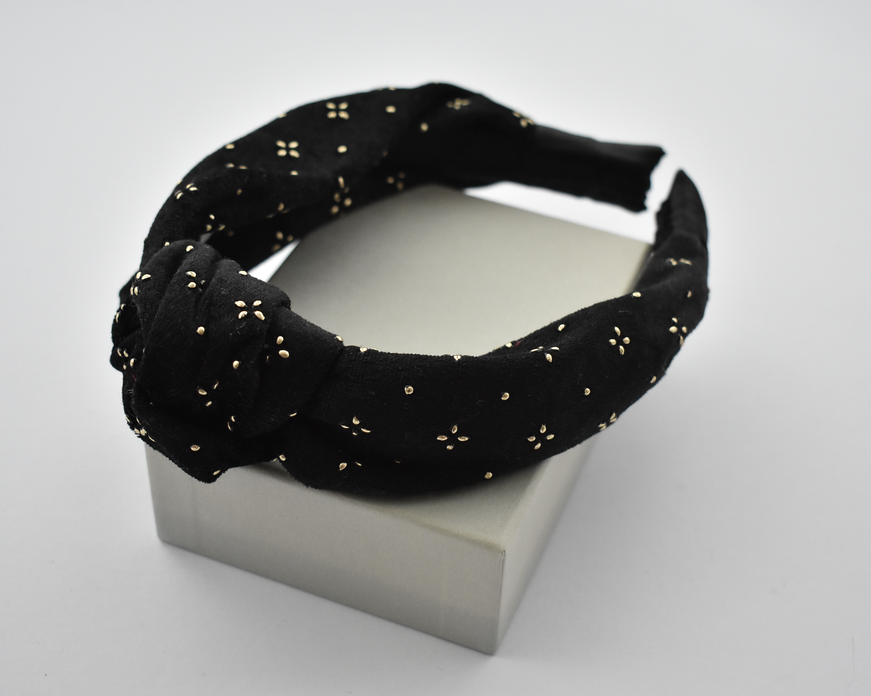 Classic Knot headband - Black Velvet studded with geometric gold metallic - Tot Knots of Brighton