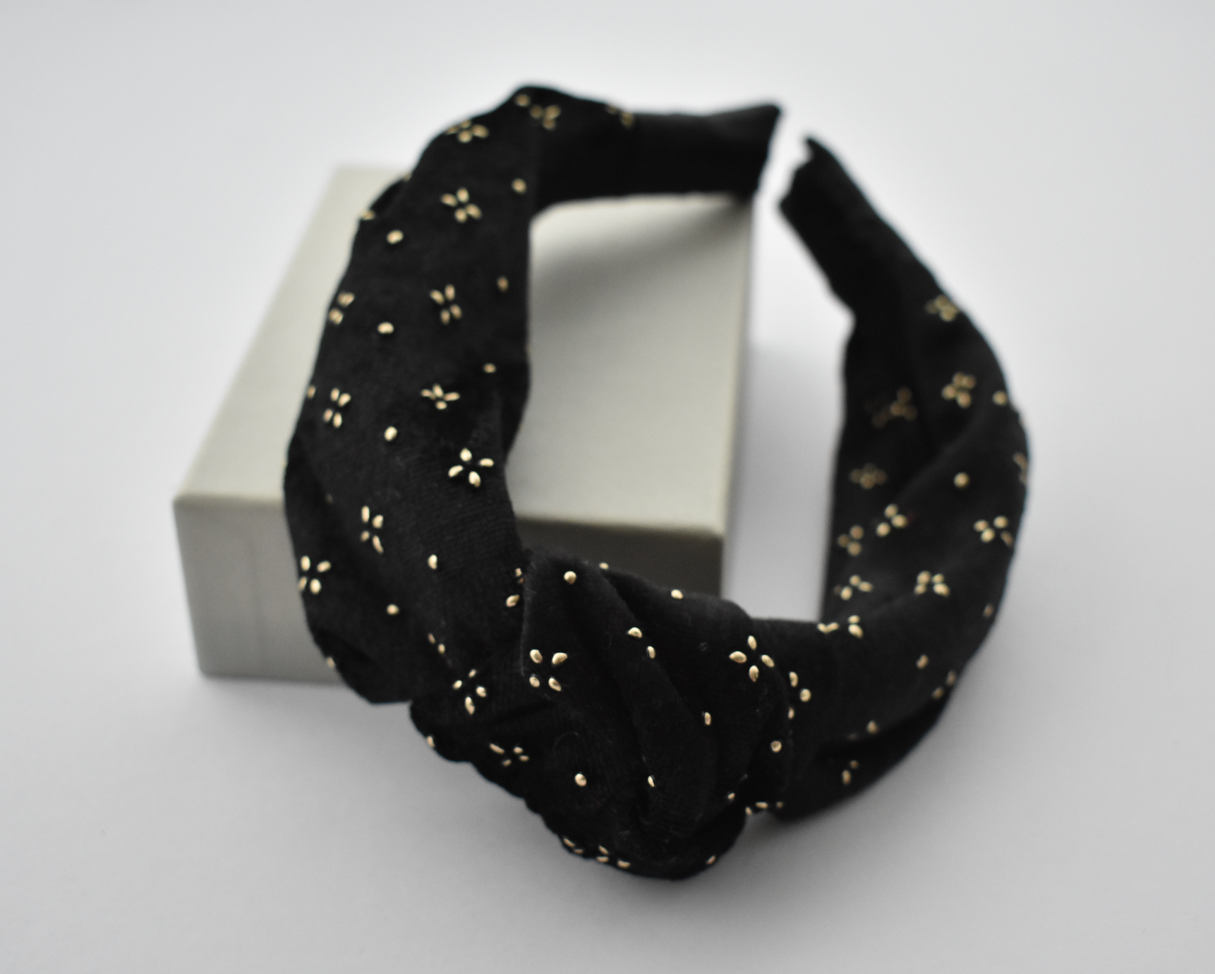 Classic Knot headband - Black Velvet studded with geometric gold metallic - Tot Knots of Brighton