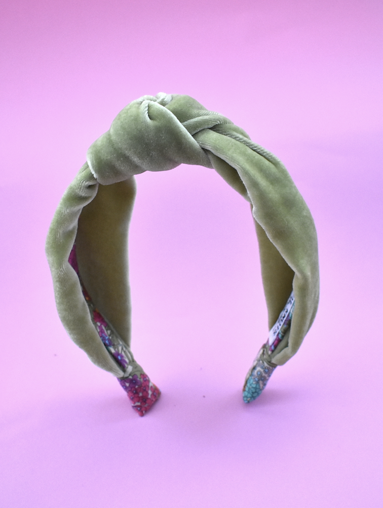 Silk-Velvet Alice band - Pistachio and Floral Liberty print - Tot Knots of Brighton