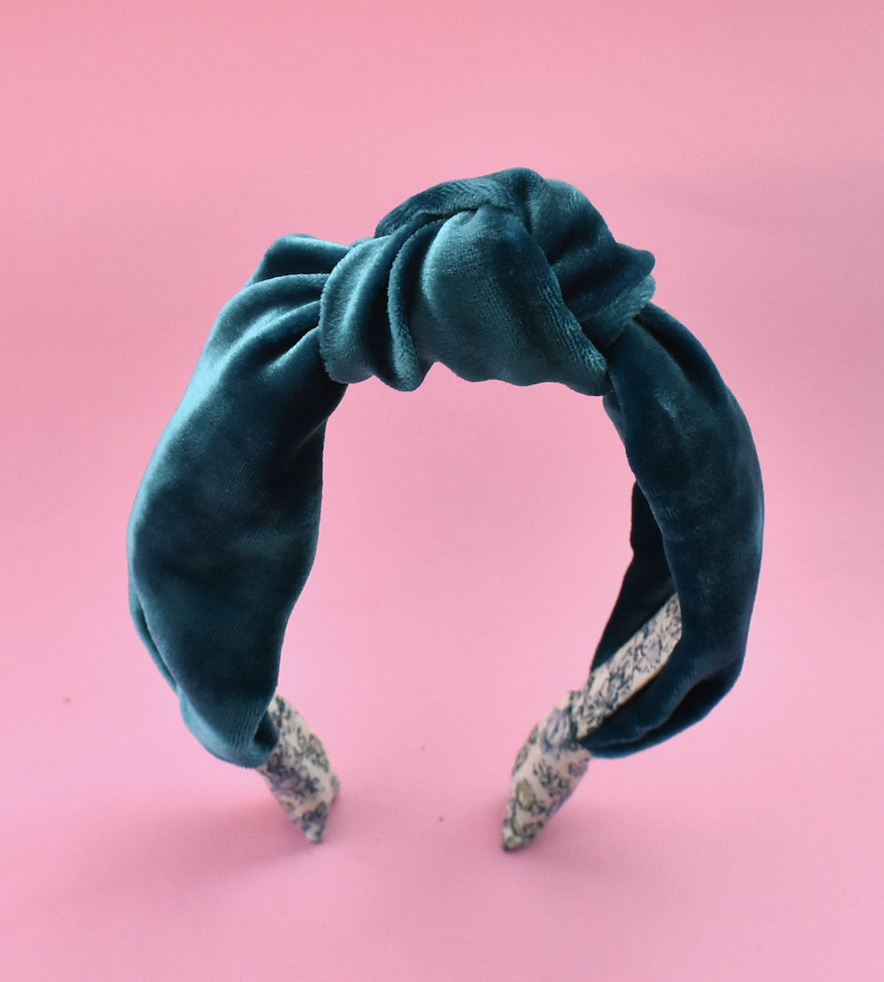 Silk-Velvet Alice band - Teal blue and Floral Liberty print - Tot Knots of Brighton