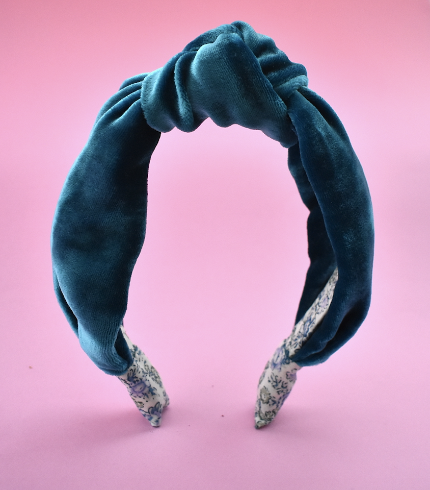 Silk-Velvet Alice band - Teal blue and Floral Liberty print - Tot Knots of Brighton