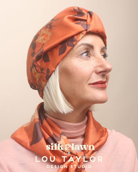 Little Susan Twisted Silk Turban & Head wrap - Lou Taylor Botanical orange and pink roses silk twill