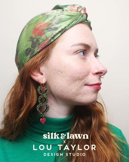 Little Susan Twisted Silk Turban & Head wrap - Lou Taylor Botanical green and red roses in gold lamé