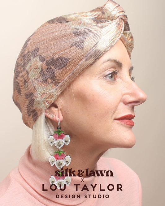 Little Susan Twisted Silk Turban & Head wrap - Lou Taylor Botanical orange and pink roses in gold lamé