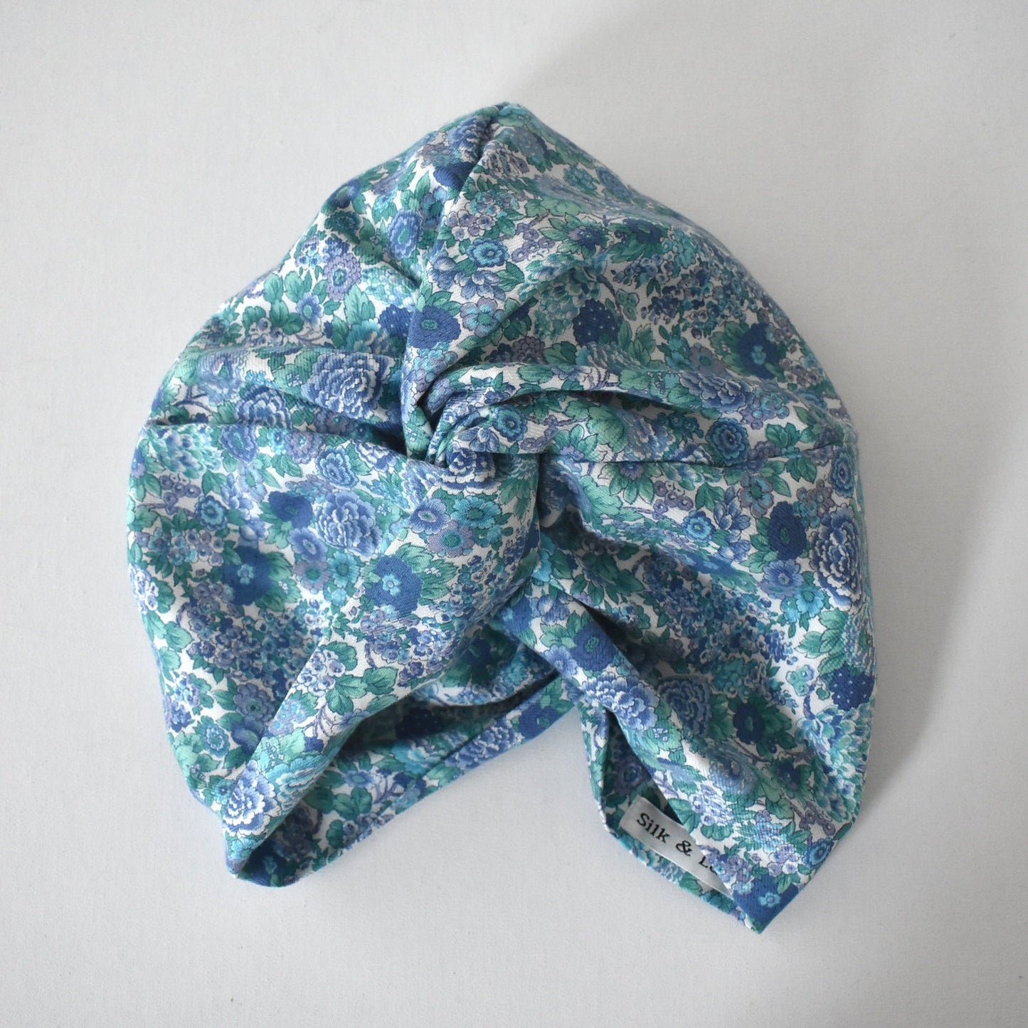 Little Susan Turban Hat in blue Winter Rose Liberty print in Lantana (cotton & wool blend)