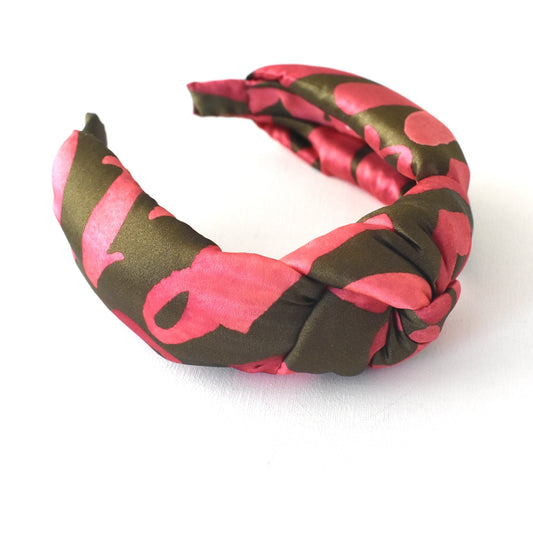 Luxury Silk Twisted or Knot Alice band in Pink & Green Love Letters Liberty of London Silk Satin