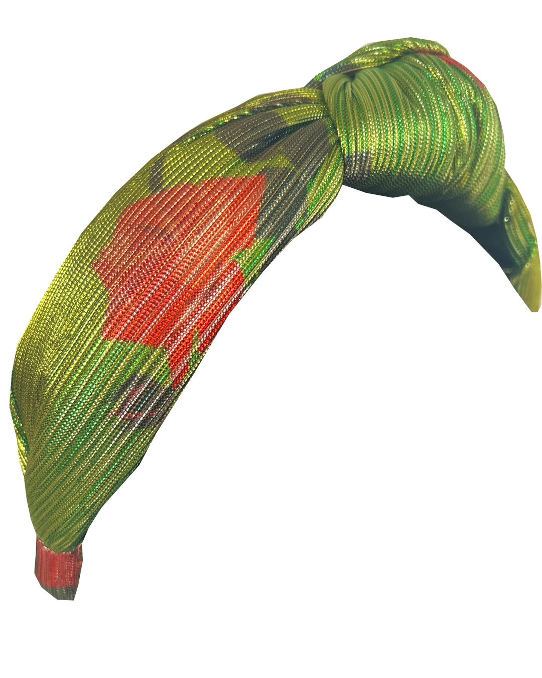 The Croissant Knot Alice band - in Lou Taylor Botanical Green Roses on gold Lamé