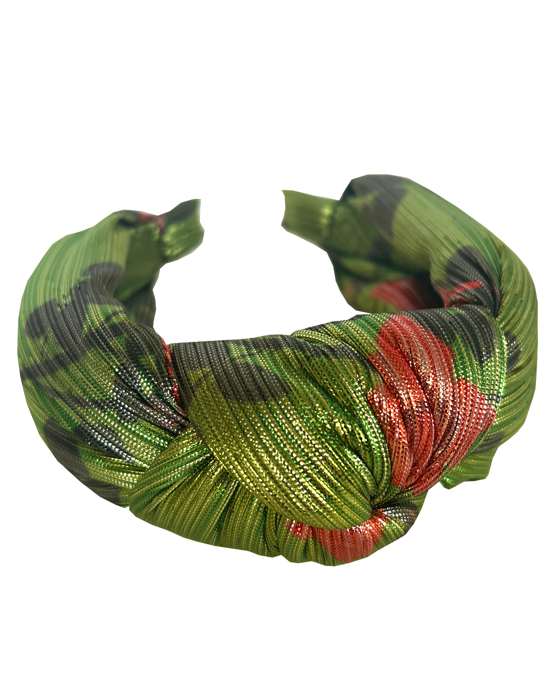 The Croissant Knot Alice band - in Lou Taylor Botanical Green Roses on gold Lamé