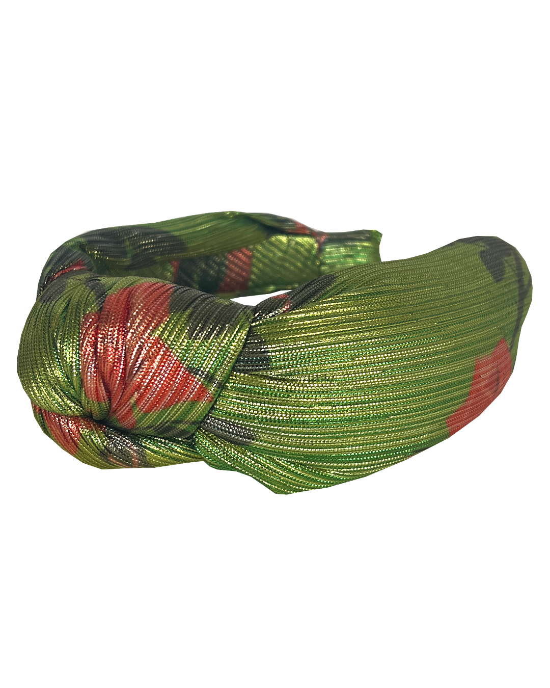 The Croissant Knot Alice band - in Lou Taylor Botanical Green Roses on gold Lamé