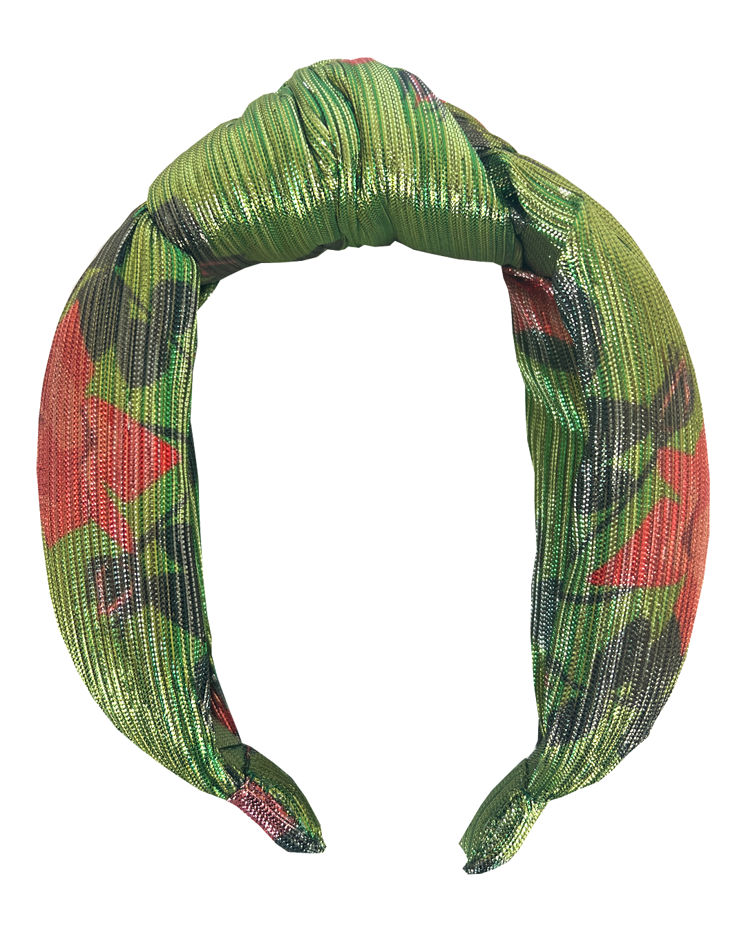 The Croissant Knot Alice band - in Lou Taylor Botanical Green Roses on gold Lamé
