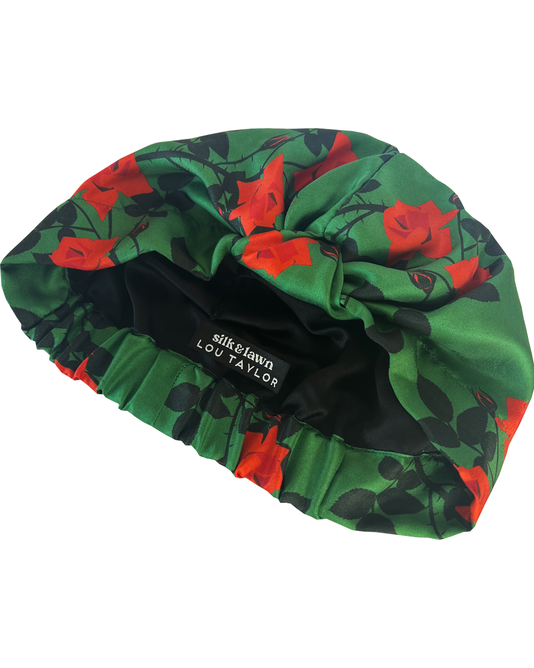 Little Susan Twisted Silk Turban & Head wrap - Lou Taylor Botanical green and red roses silk twill