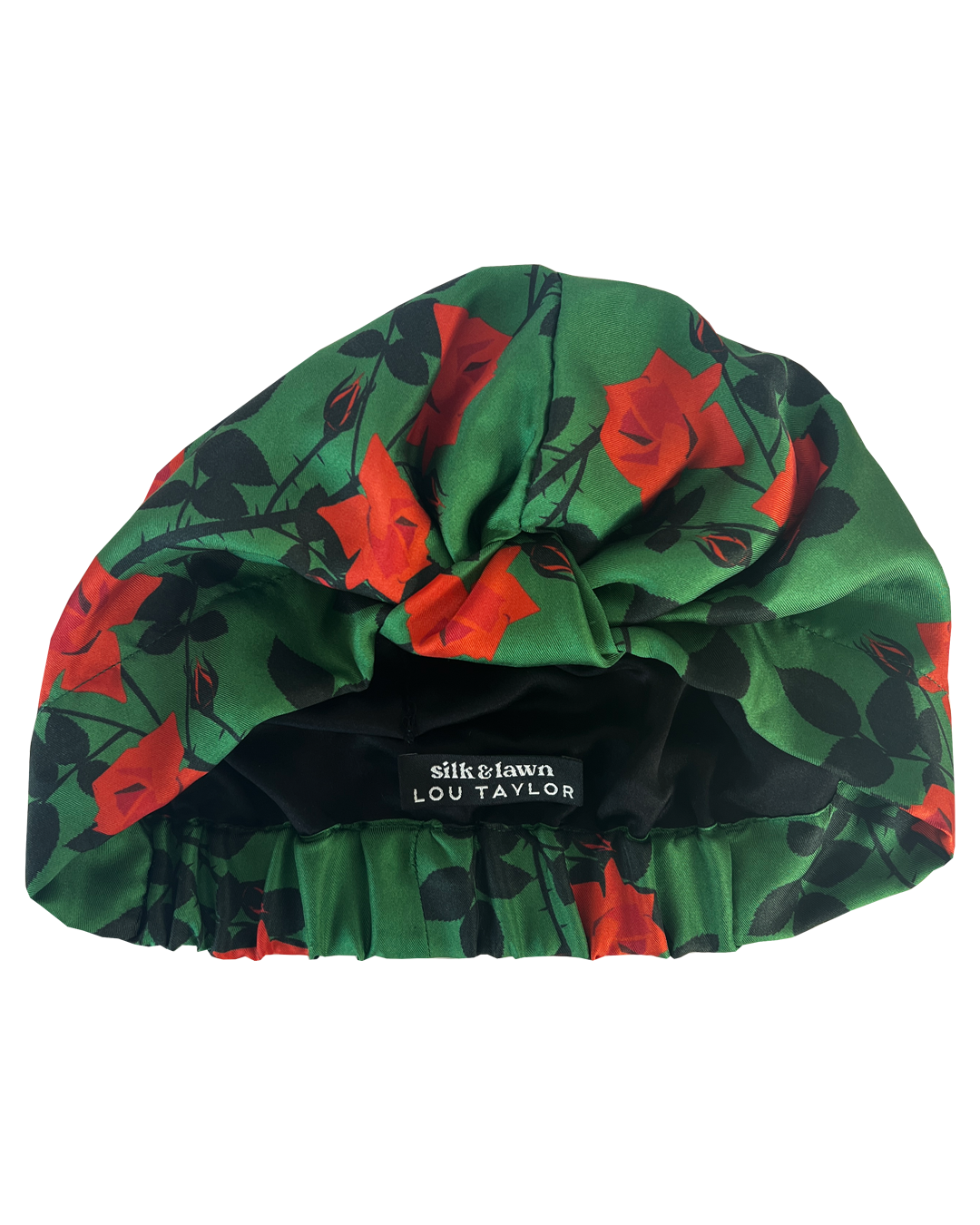 Little Susan Twisted Silk Turban & Head wrap - Lou Taylor Botanical green and red roses silk twill