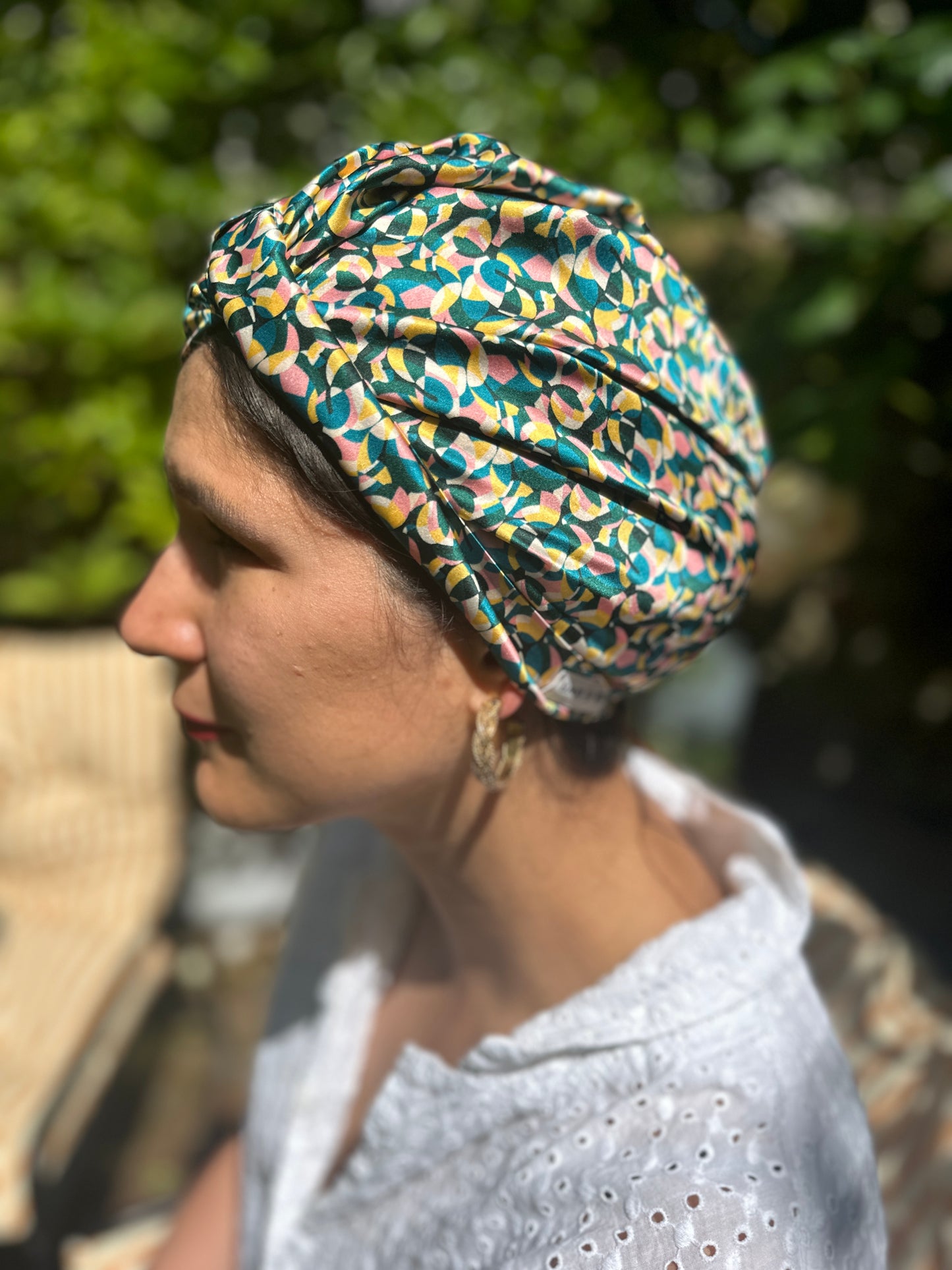 Small Twisted Silk Turban & Head wrap - Liberty of London Artist Bounce Graphic printed silk satin