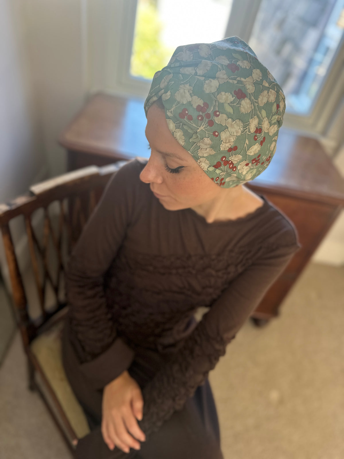 Little Susan Turban Hat - Vintage Liberty Winter Berries in Aqua Blue   - Varuna Wool