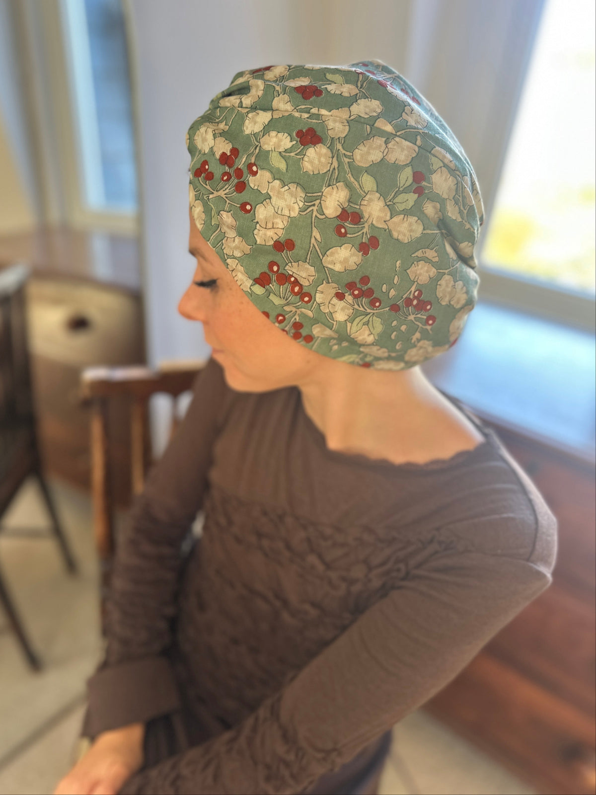 Little Susan Turban Hat - Vintage Liberty Winter Berries in Aqua Blue   - Varuna Wool