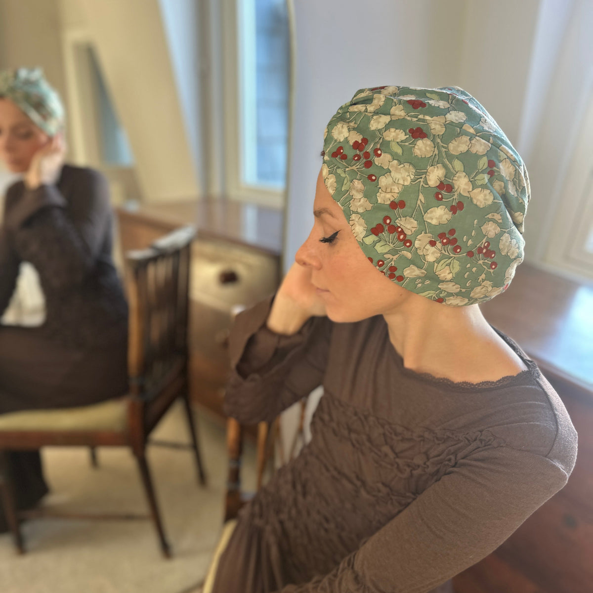 Little Susan Turban Hat - Vintage Liberty Winter Berries in Aqua Blue   - Varuna Wool