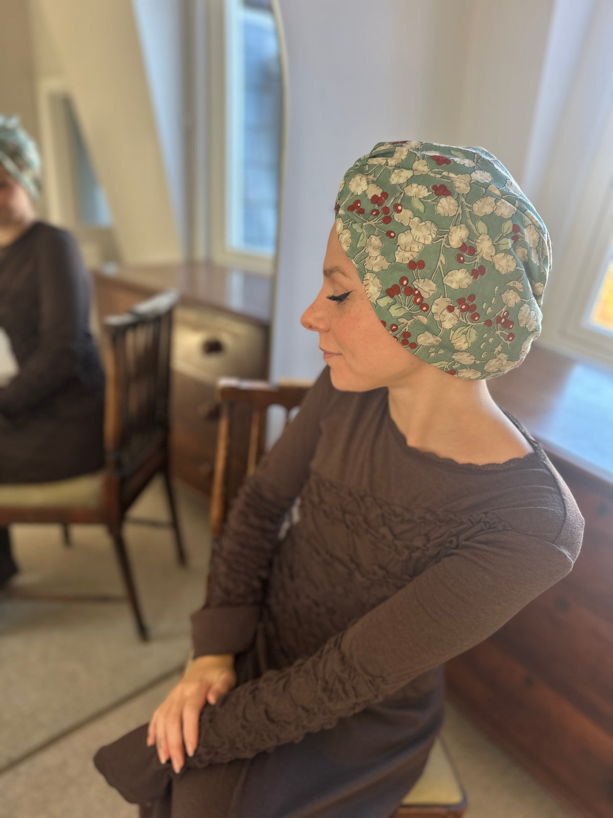 Little Susan Turban Hat - Vintage Liberty Winter Berries in Aqua Blue   - Varuna Wool