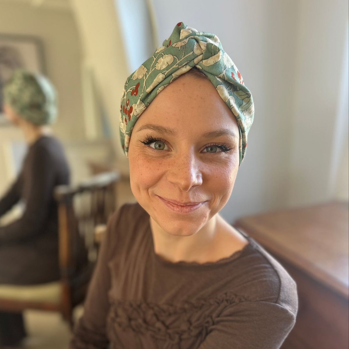 Little Susan Turban Hat - Vintage Liberty Winter Berries in Aqua Blue   - Varuna Wool