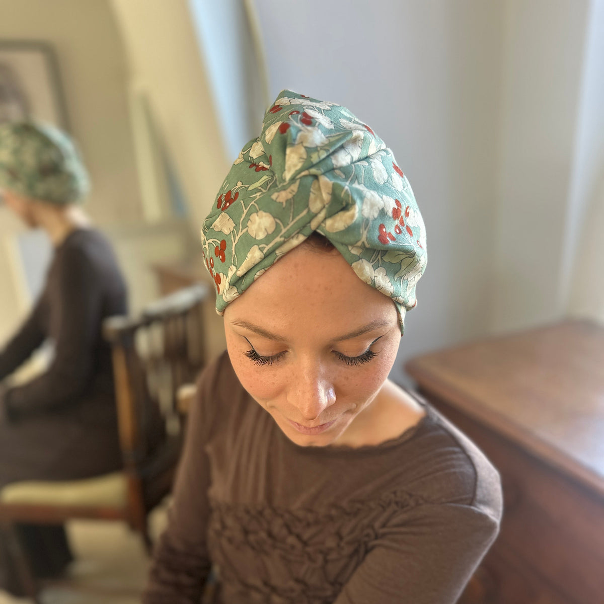 Little Susan Turban Hat - Vintage Liberty Winter Berries in Aqua Blue   - Varuna Wool