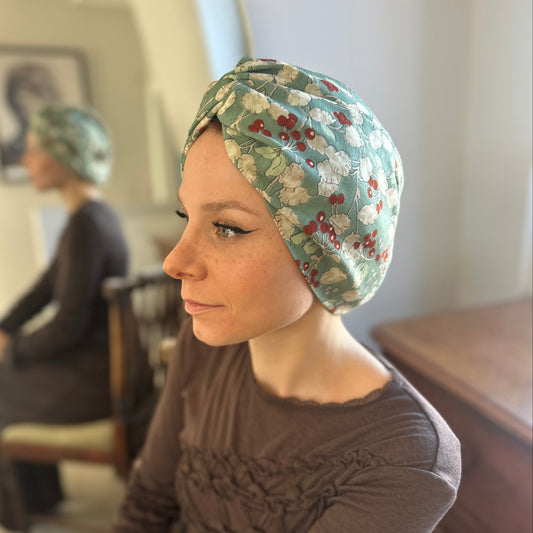 Little Susan Turban Hat - Vintage Liberty Winter Berries in Aqua Blue   - Varuna Wool