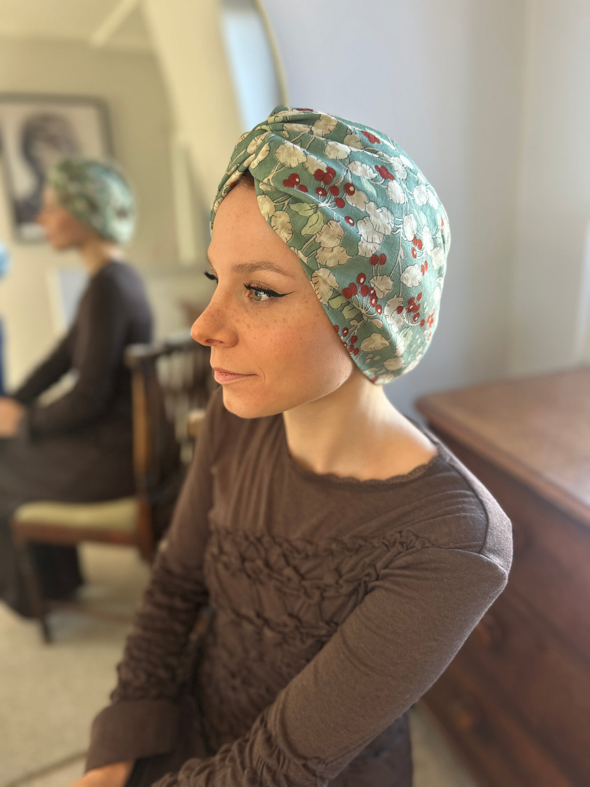Little Susan Turban Hat - Vintage Liberty Winter Berries in Aqua Blue   - Varuna Wool