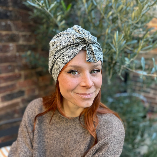 Ladies Turban Hat -  Liberty Black & White Hibiscus Floral - Tana Lawn™ Cotton