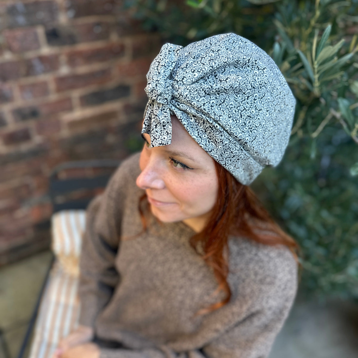 Ladies Turban Hat -  Liberty Black & White Hibiscus Floral - Tana Lawn™ Cotton