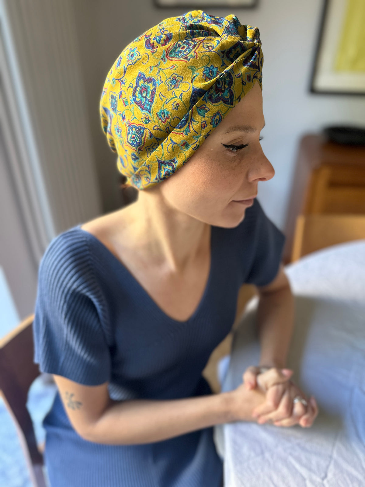 Little Susan Turban Hat - Vintage Liberty Mustard Yellow Paisley - Varuna Wool