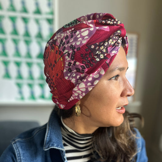 Little Susan Twisted Silk Turban & Head wrap - Liberty of London Red Graphic Silk & Wool blend