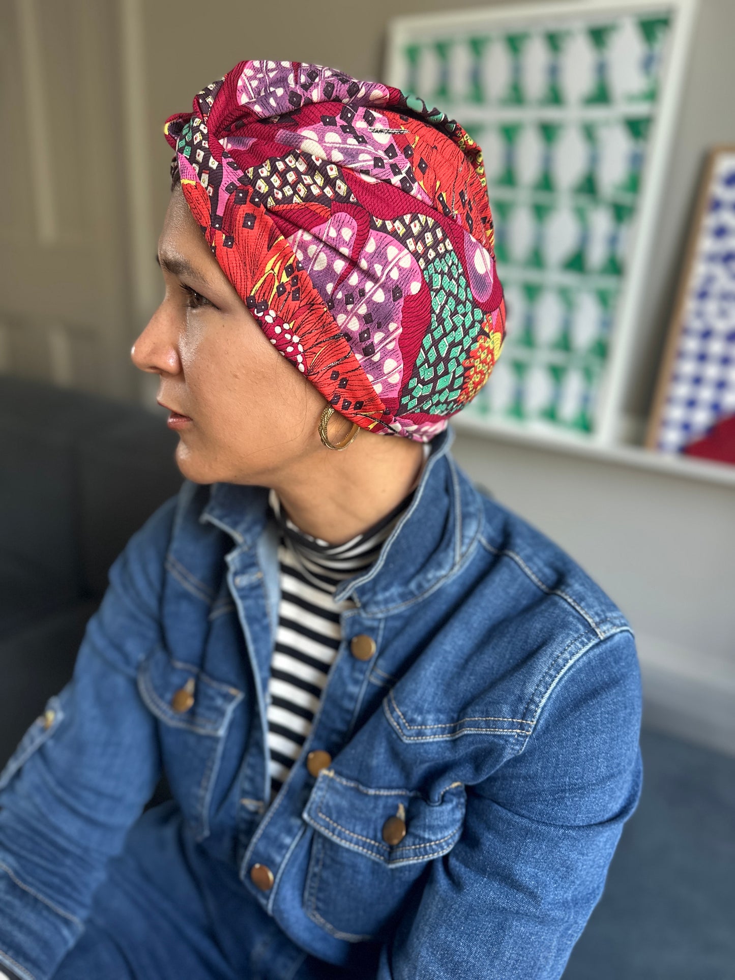Little Susan Twisted Silk Turban & Head wrap - Liberty of London Red Graphic Silk & Wool blend