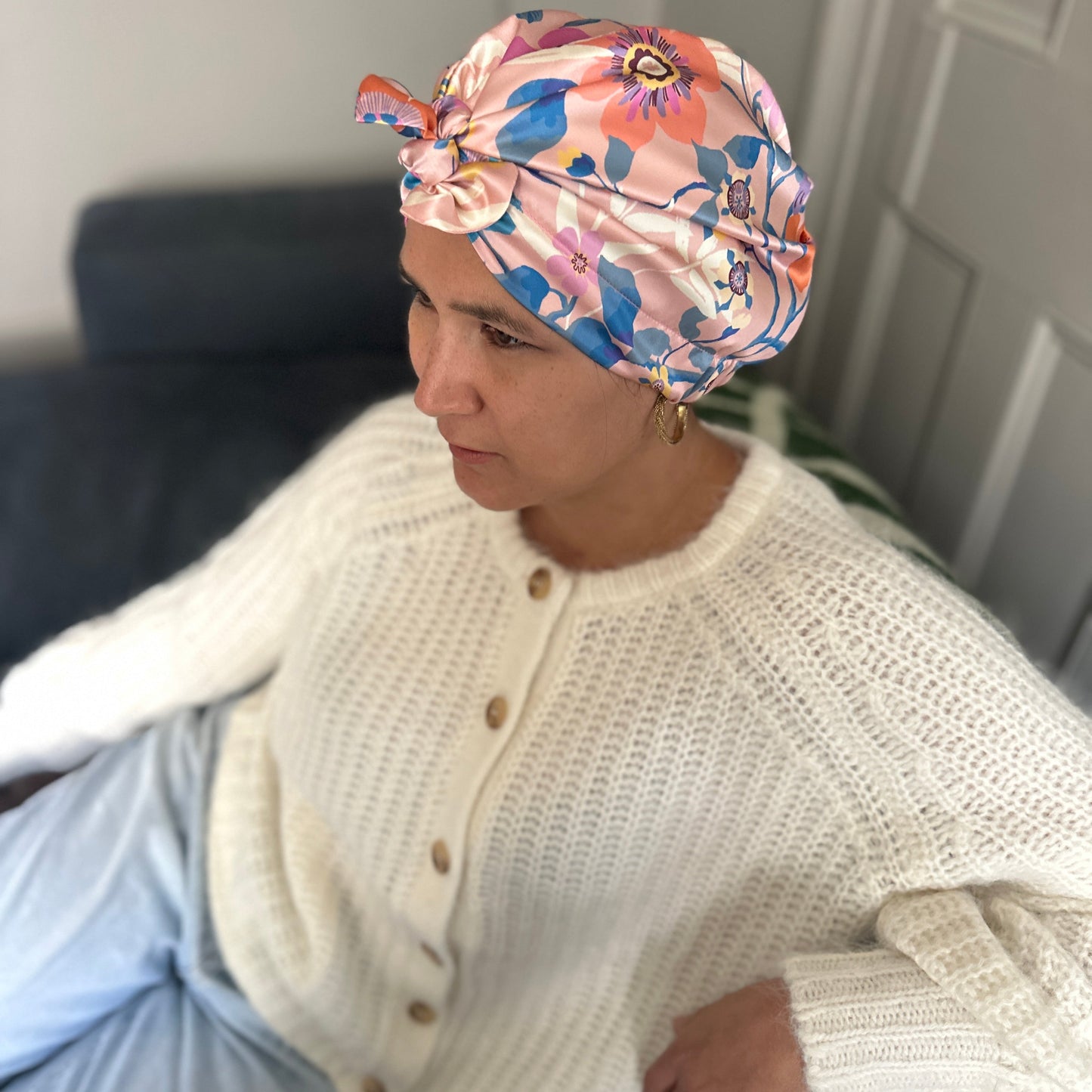 Luxury Silk Turban & Head wrap - Liberty of London Artist Pink Pavilion printed silk satin