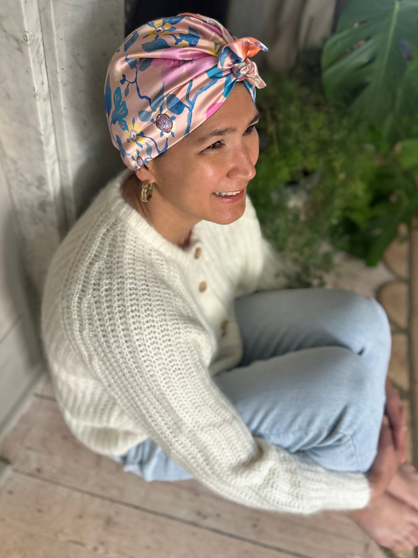 Luxury Silk Turban & Head wrap - Liberty of London Artist Pink Pavilion printed silk satin