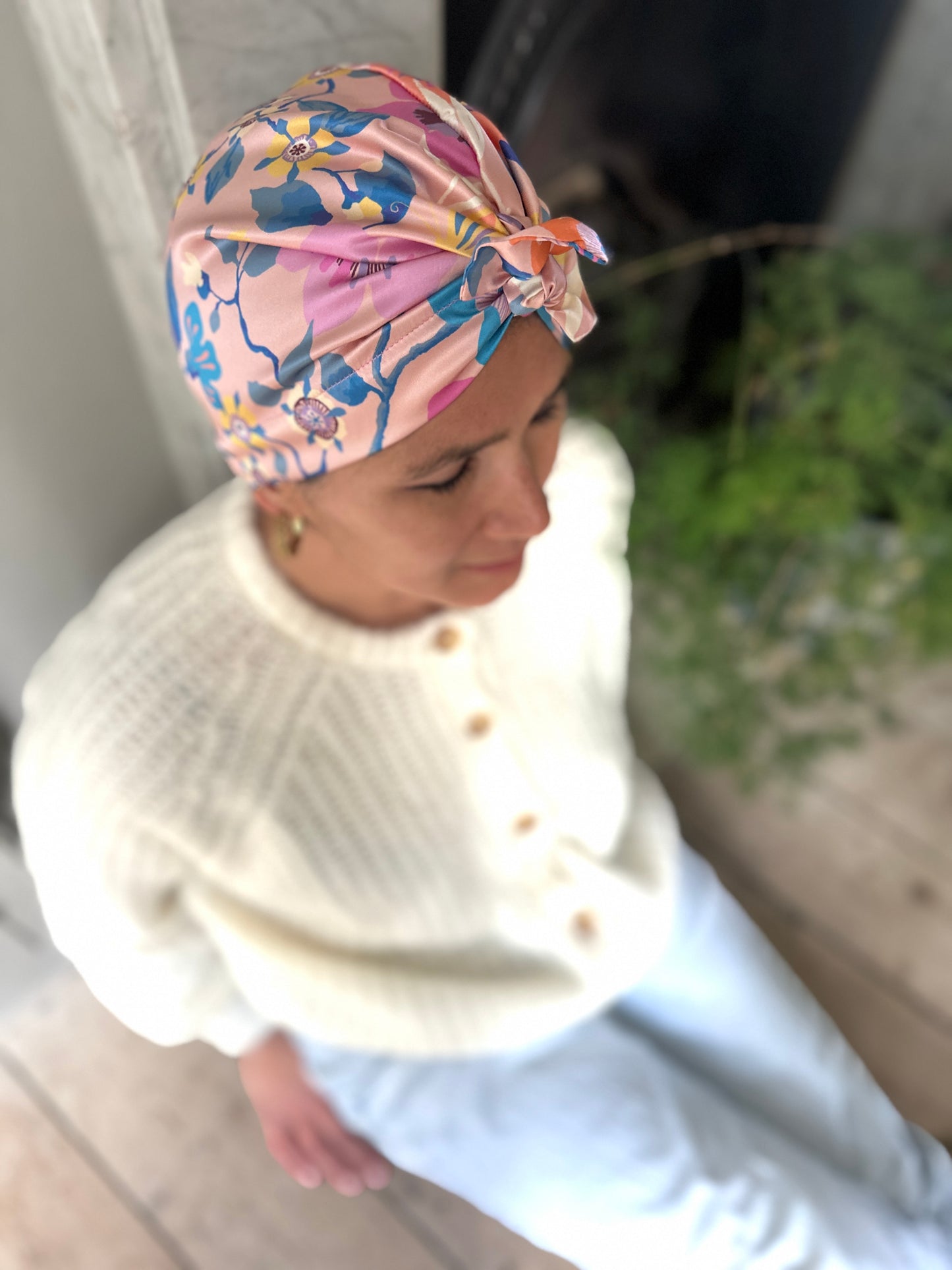 Luxury Silk Turban & Head wrap - Liberty of London Artist Pink Pavilion printed silk satin