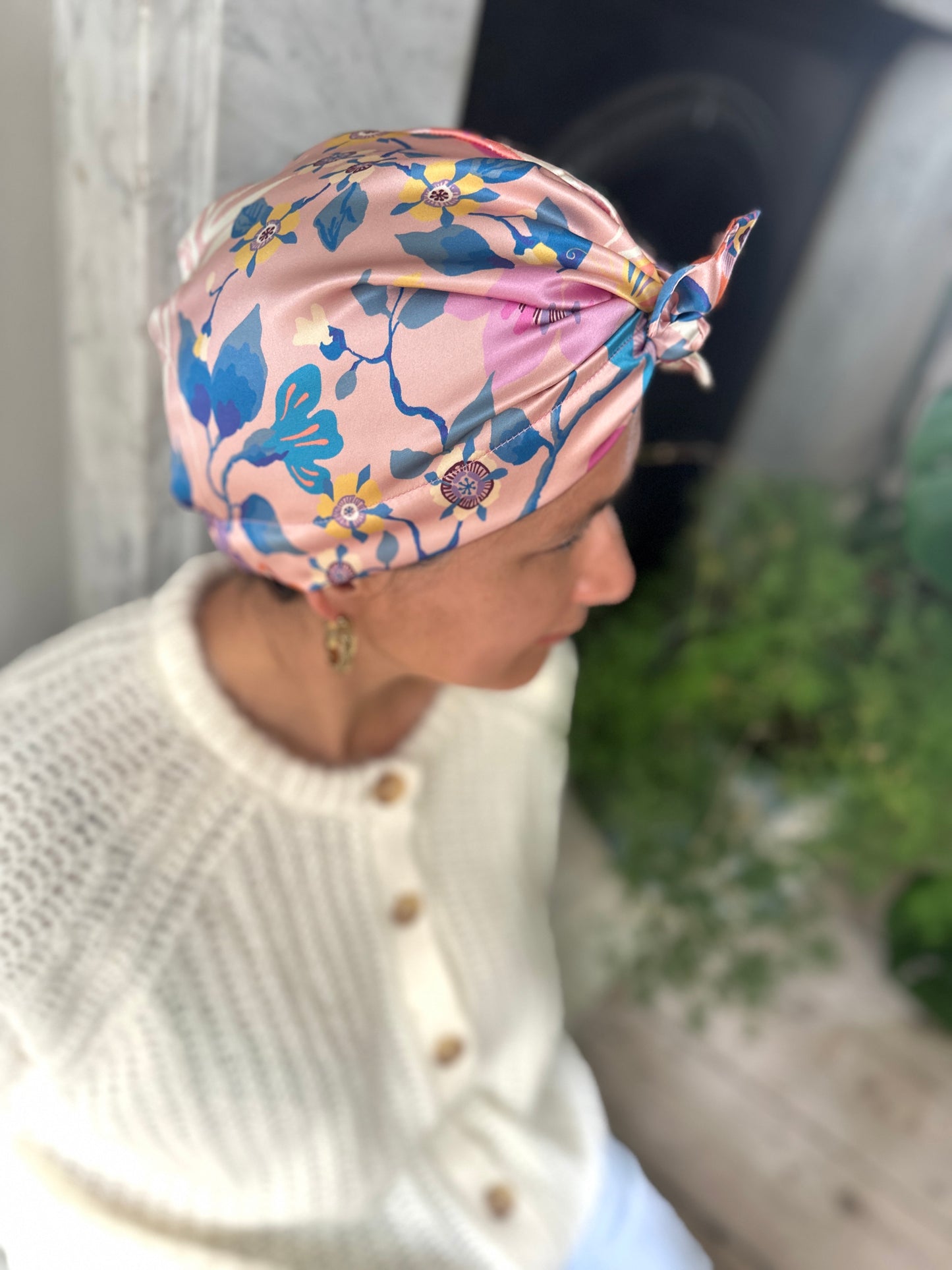 Luxury Silk Turban & Head wrap - Liberty of London Artist Pink Pavilion printed silk satin